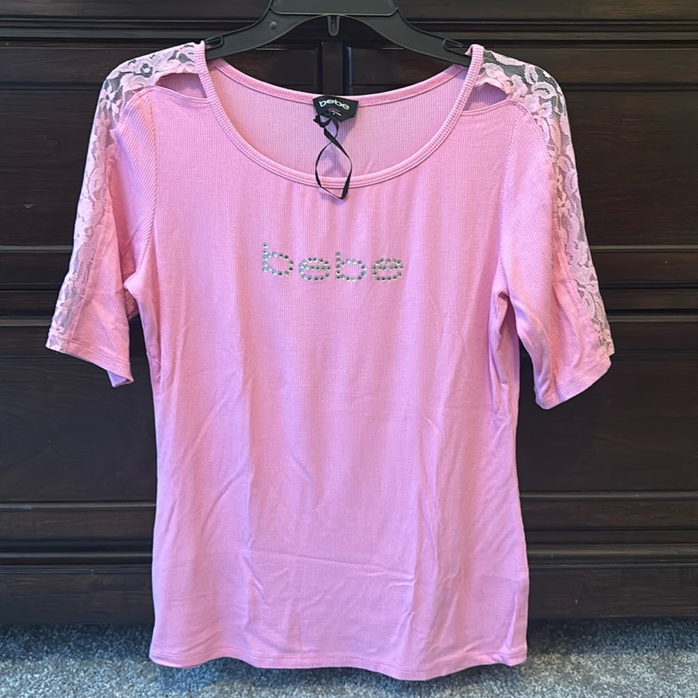 Bebe rhinestone logo lace 3/4  sleeve pink Medium
